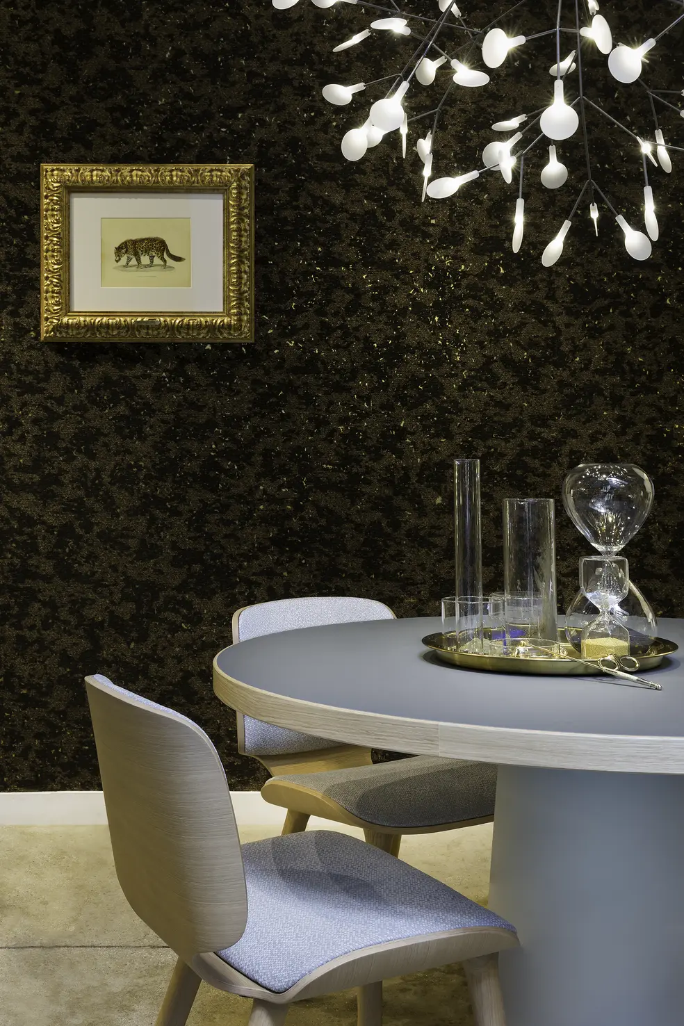 Moooi Nut Dining Chair in Flying Coral Fish Fabric on the Container Table and Heracleum II nickel