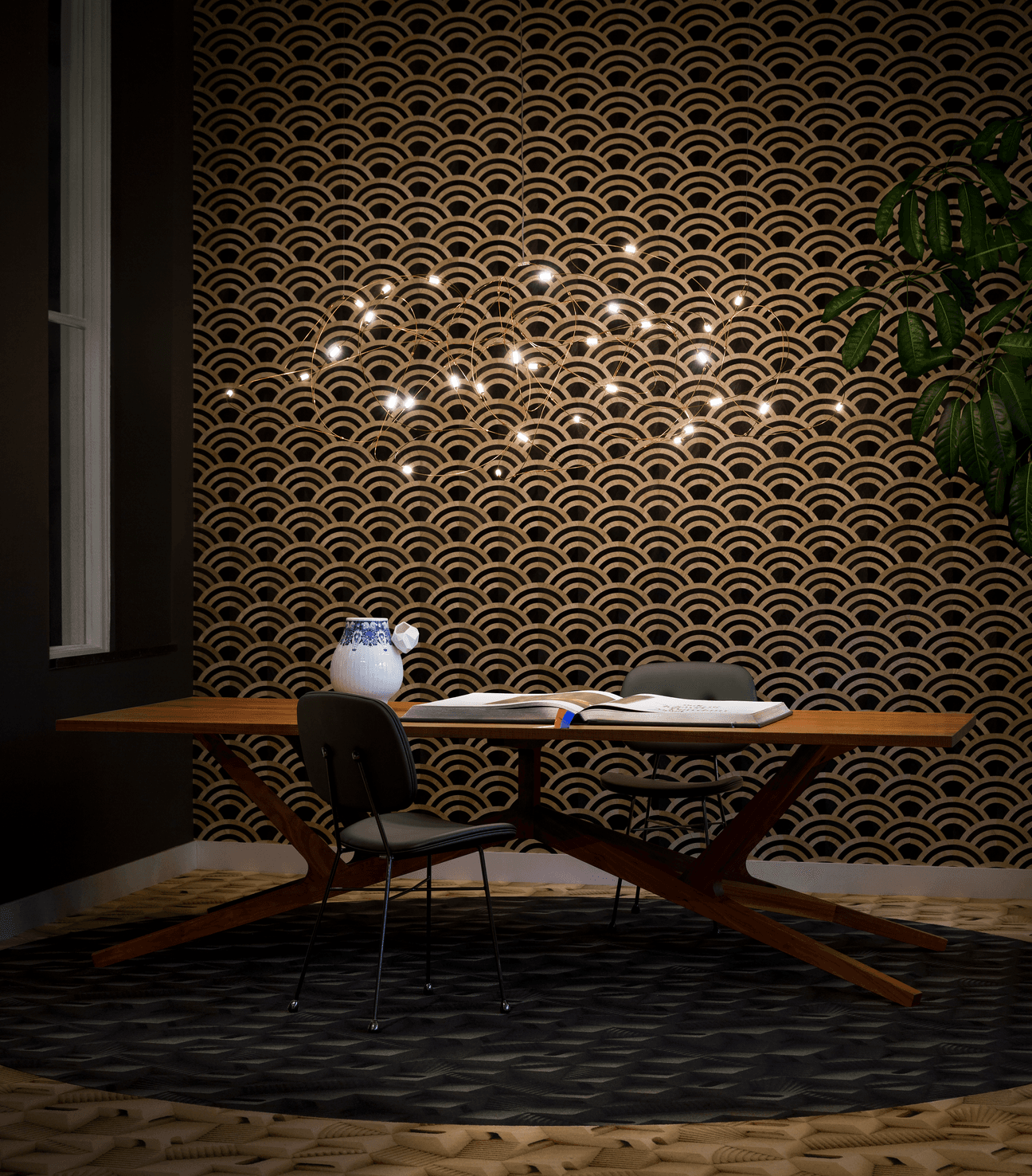 Flock of Light 31 above Liberty Table with Golden chairs