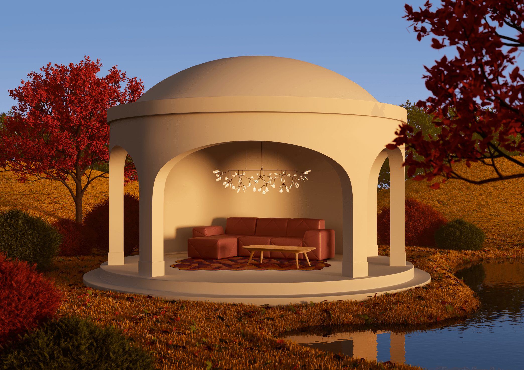 Moooi Heracleum III Autumn Mood Creative image with BFF sofa and zio coffee table and serpentine carpet